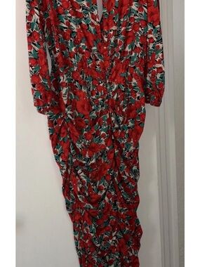 Boohoo Wiggle red green Poppy flowers Long Sleeve Women’s Dress Sz 14